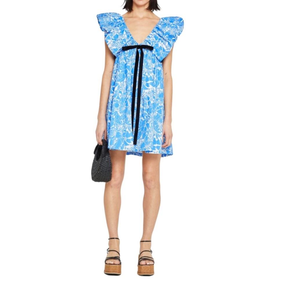 Blue Floral Mini Dress with Black Ribbon Tie M